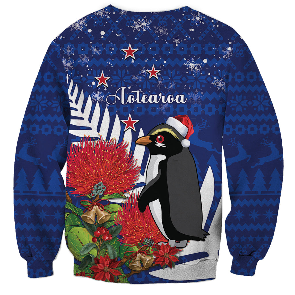 New Zealand Christmas In July Sweatshirt Fiordland Penguin With Pohutukawa Flower LT14 - Polynesian Pride