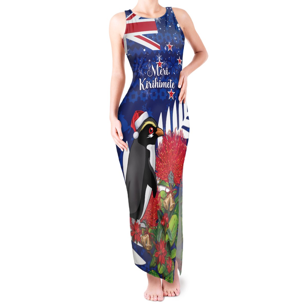 New Zealand Christmas In July Tank Maxi Dress Fiordland Penguin With Pohutukawa Flower LT14 Women Blue - Polynesian Pride