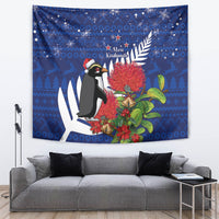 New Zealand Christmas In July Tapestry Fiordland Penguin With Pohutukawa Flower LT14 Blue - Polynesian Pride