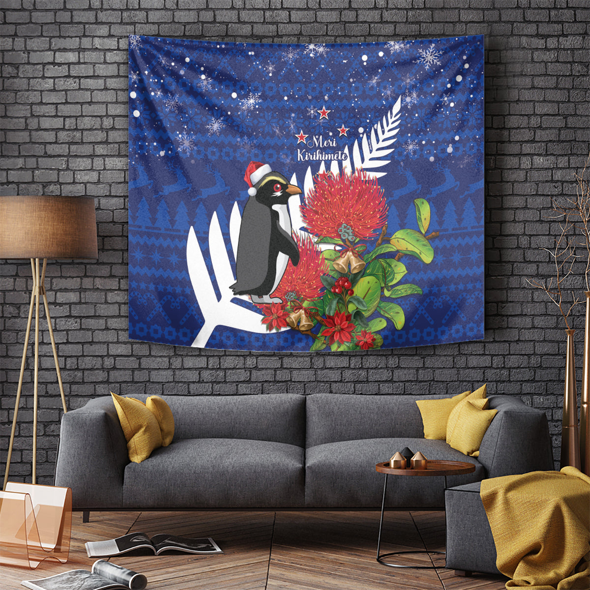 New Zealand Christmas In July Tapestry Fiordland Penguin With Pohutukawa Flower LT14 - Polynesian Pride