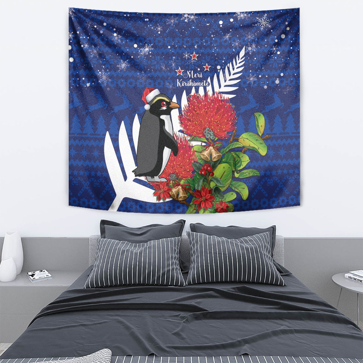 New Zealand Christmas In July Tapestry Fiordland Penguin With Pohutukawa Flower LT14 - Polynesian Pride
