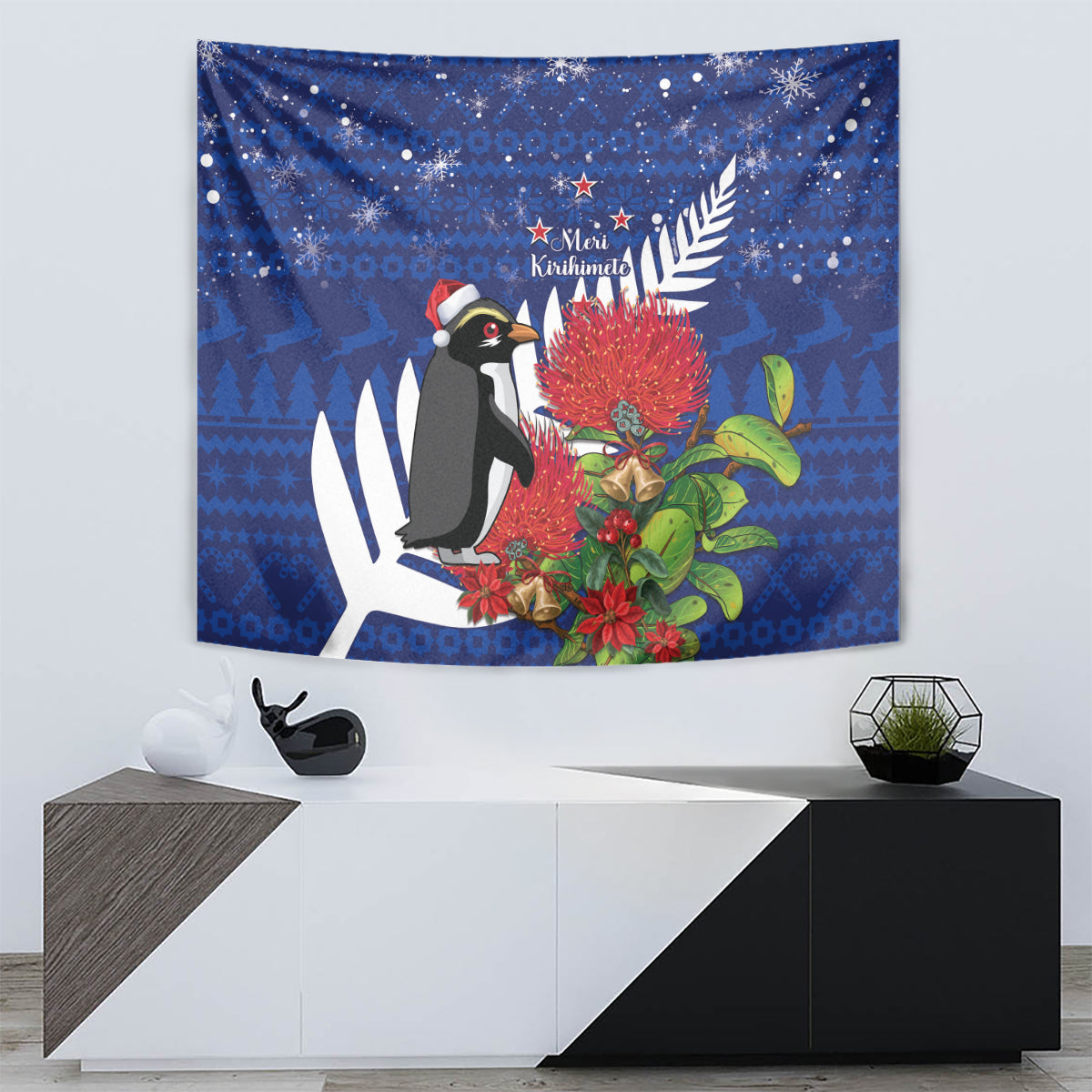 New Zealand Christmas In July Tapestry Fiordland Penguin With Pohutukawa Flower LT14 - Polynesian Pride