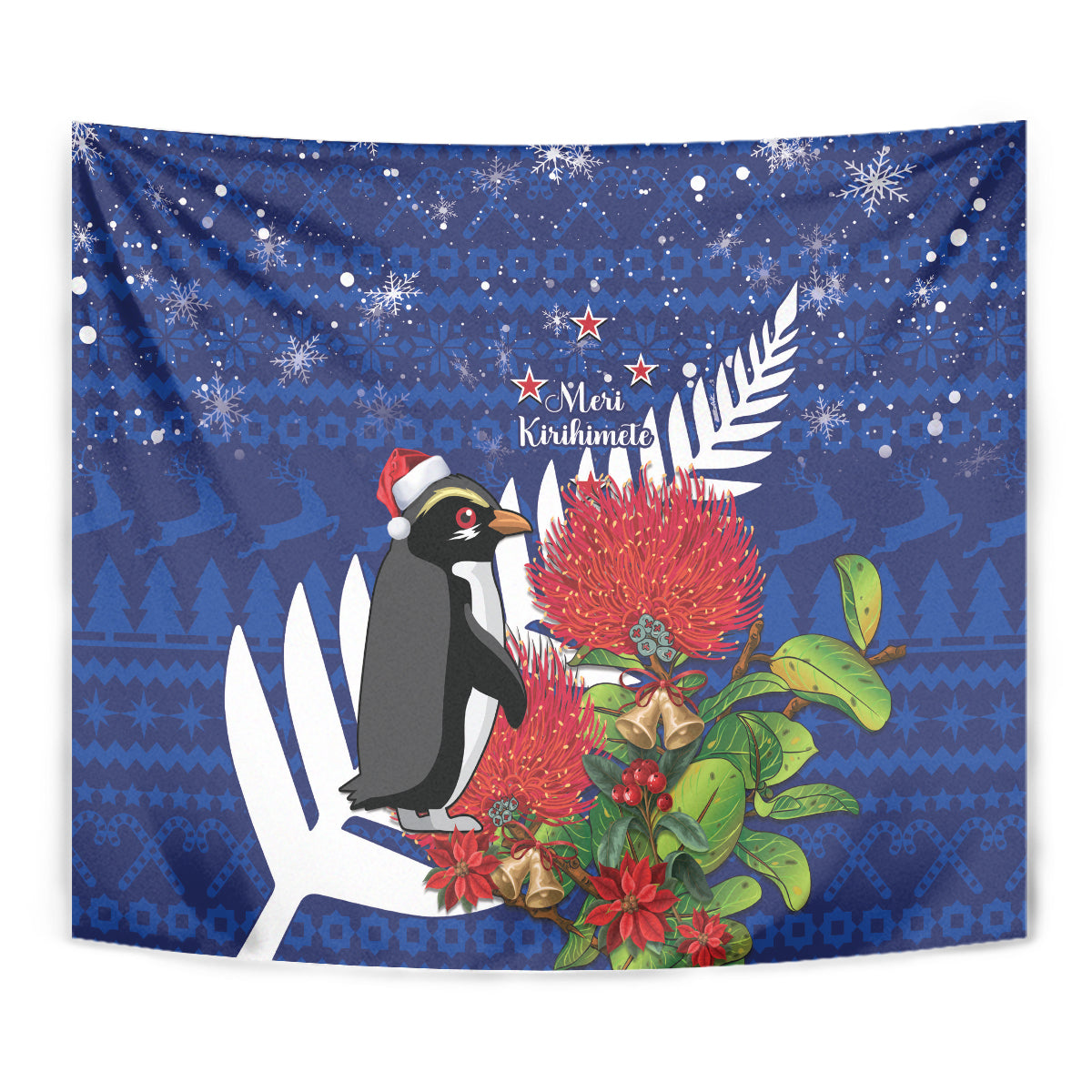 New Zealand Christmas In July Tapestry Fiordland Penguin With Pohutukawa Flower LT14 - Polynesian Pride