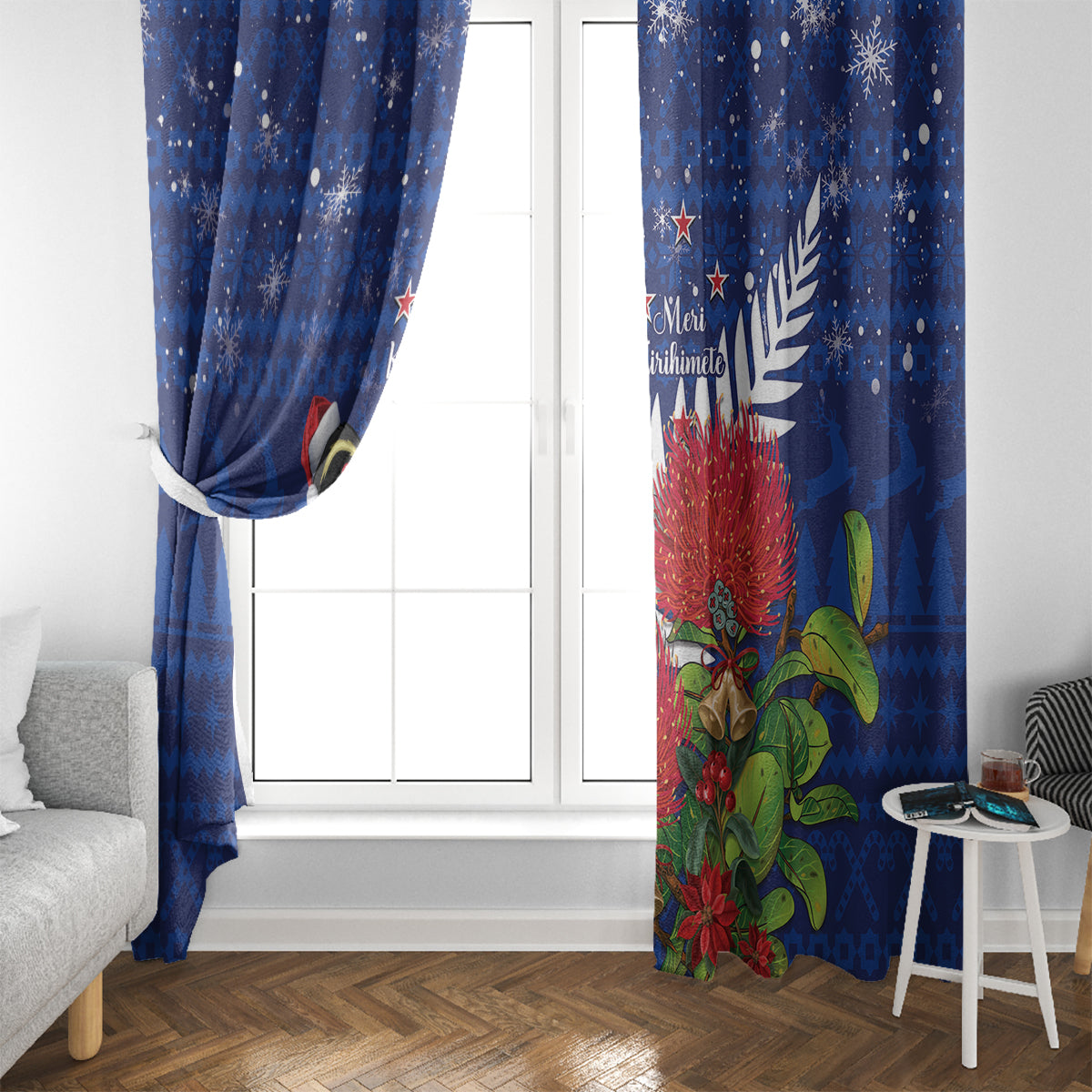 New Zealand Christmas In July Window Curtain Fiordland Penguin With Pohutukawa Flower LT14 - Polynesian Pride