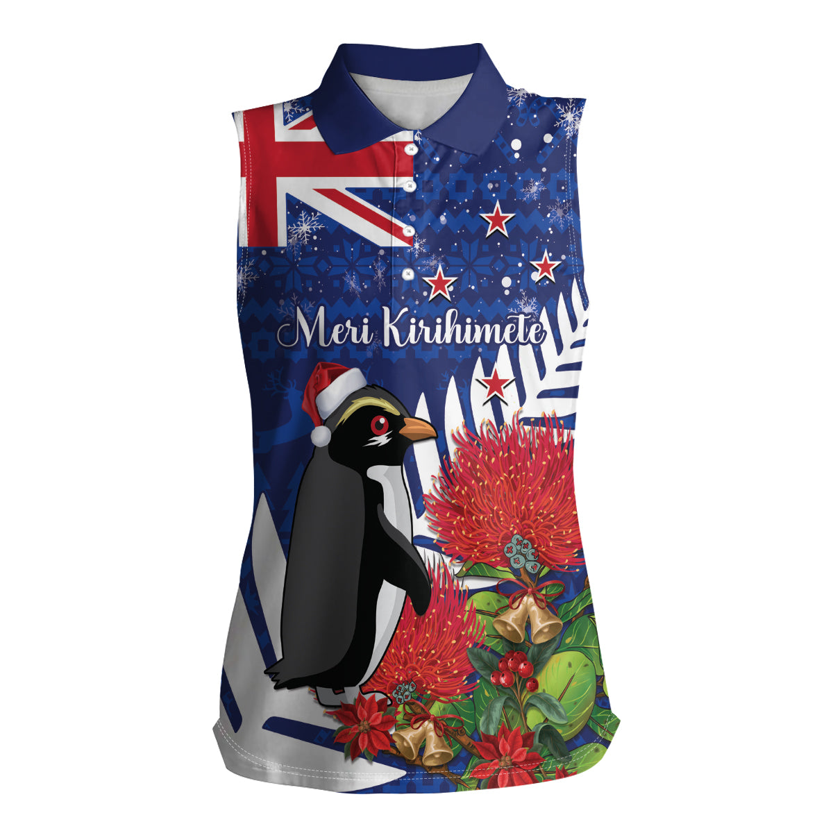New Zealand Christmas In July Women Sleeveless Polo Shirt Fiordland Penguin With Pohutukawa Flower LT14 Female Blue - Polynesian Pride