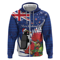 New Zealand Christmas In July Zip Hoodie Fiordland Penguin With Pohutukawa Flower LT14 Zip Hoodie Blue - Polynesian Pride