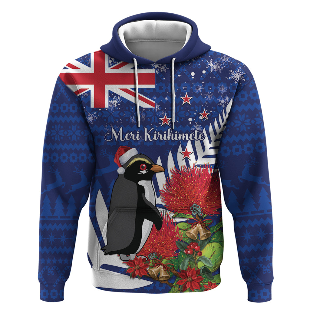 New Zealand Christmas In July Zip Hoodie Fiordland Penguin With Pohutukawa Flower LT14 Pullover Hoodie Blue - Polynesian Pride