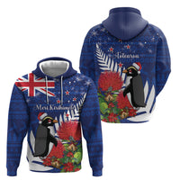 New Zealand Christmas In July Zip Hoodie Fiordland Penguin With Pohutukawa Flower LT14 - Polynesian Pride