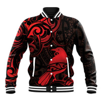 New Zealand Tui Bird Baseball Jacket Aotearoa Maori Pattern - Red