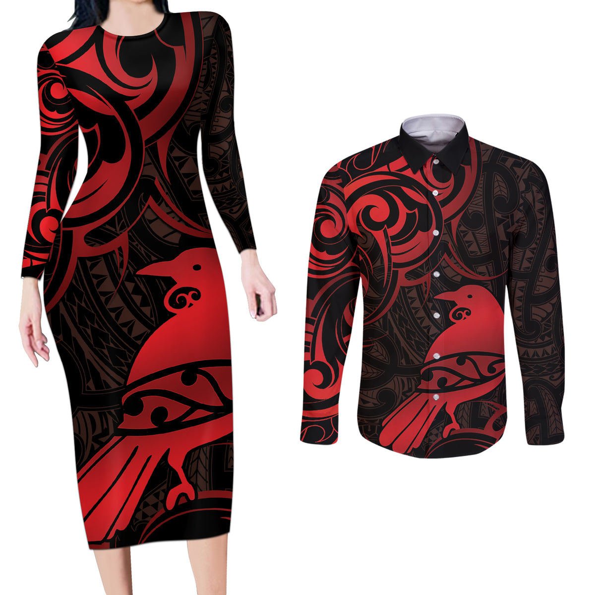 New Zealand Tui Bird Couples Matching Long Sleeve Bodycon Dress and Long Sleeve Button Shirt Aotearoa Maori Pattern - Red LT14 Red - Polynesian Pride