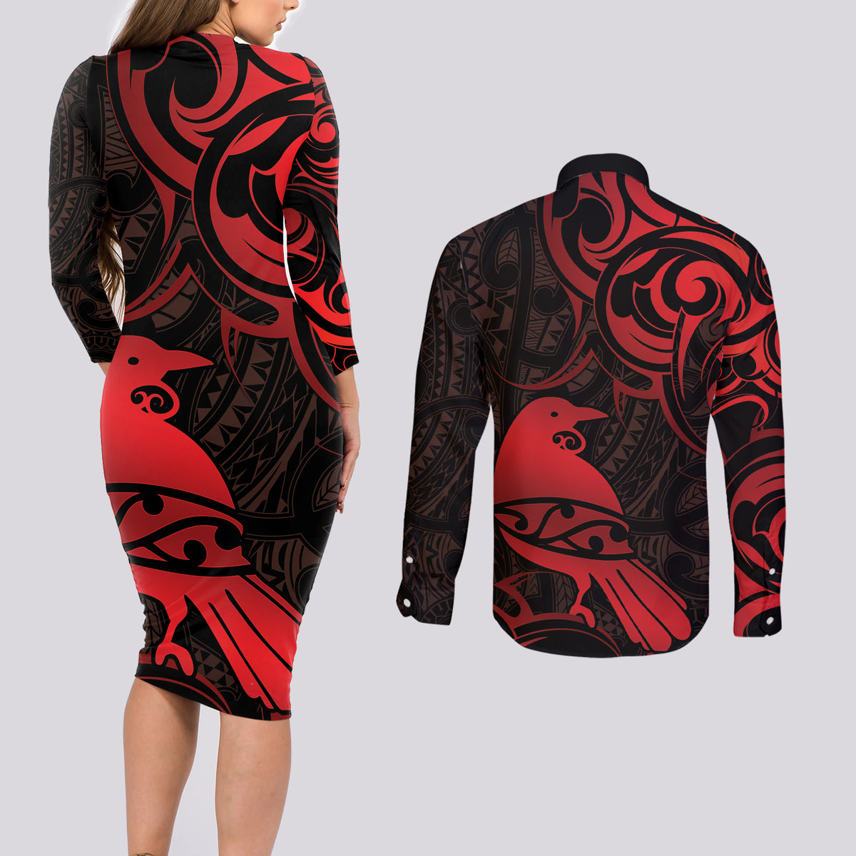 New Zealand Tui Bird Couples Matching Long Sleeve Bodycon Dress and Long Sleeve Button Shirt Aotearoa Maori Pattern - Red LT14 - Polynesian Pride