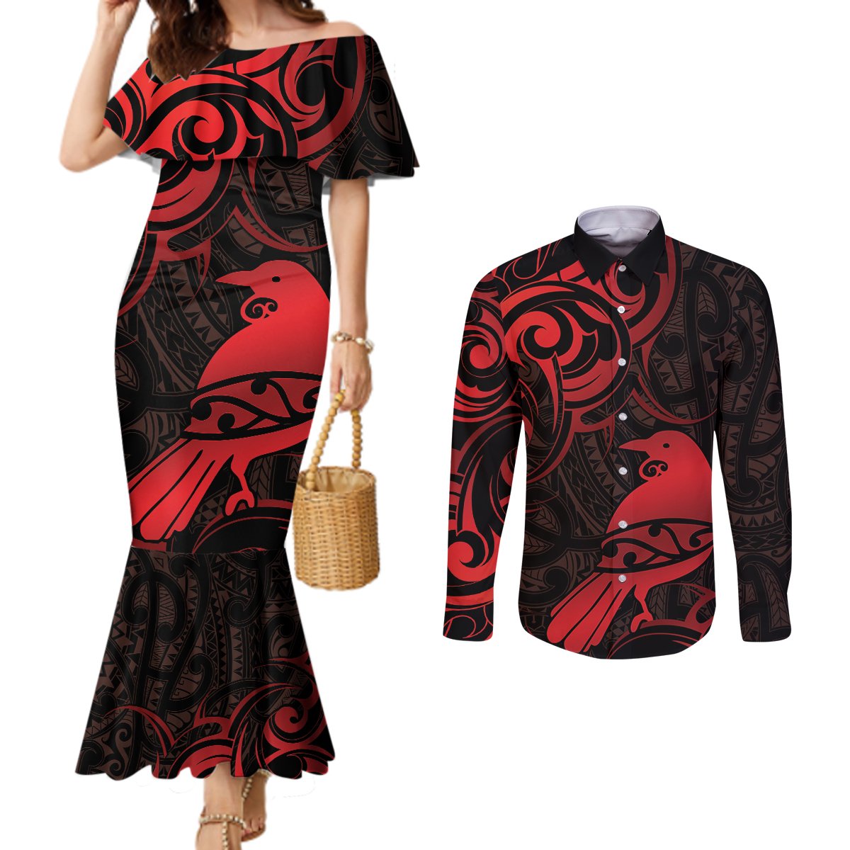 New Zealand Tui Bird Couples Matching Mermaid Dress and Long Sleeve Button Shirt Aotearoa Maori Pattern - Red LT14 Red - Polynesian Pride
