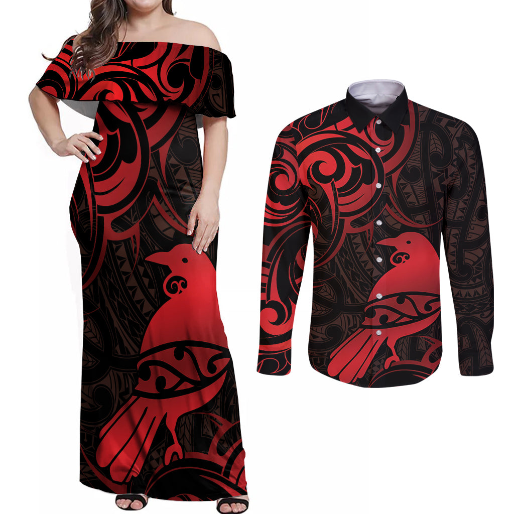 New Zealand Tui Bird Couples Matching Off Shoulder Maxi Dress and Long Sleeve Button Shirt Aotearoa Maori Pattern - Red LT14 Red - Polynesian Pride