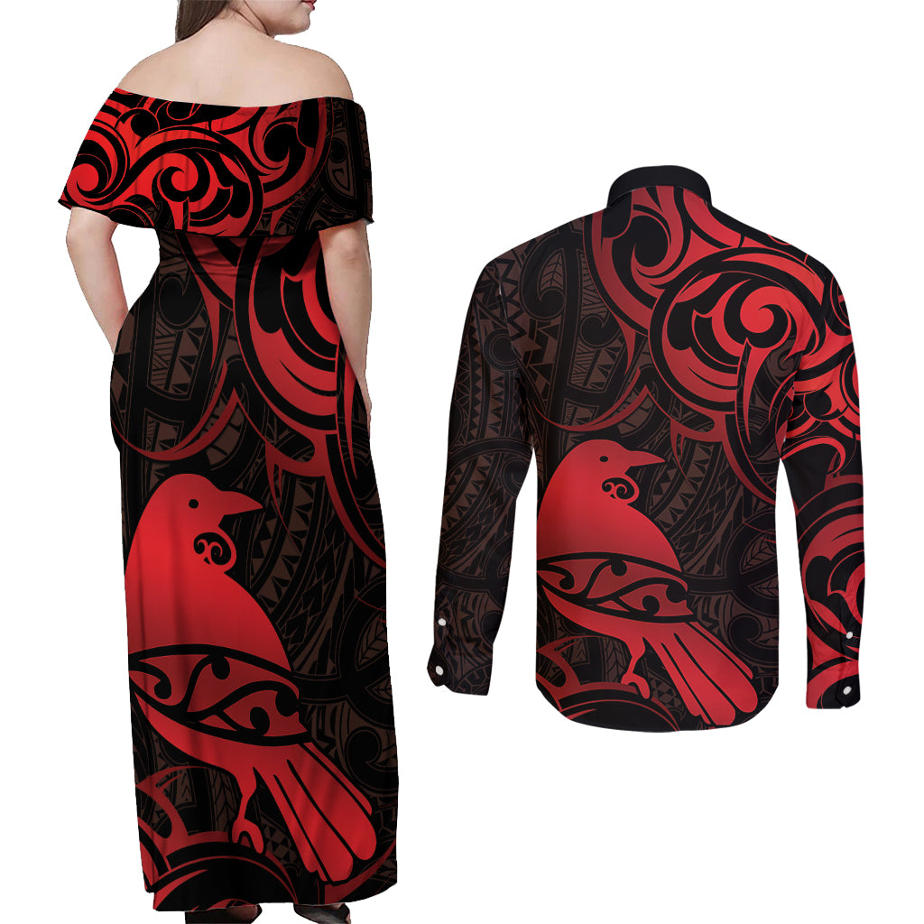 New Zealand Tui Bird Couples Matching Off Shoulder Maxi Dress and Long Sleeve Button Shirt Aotearoa Maori Pattern - Red LT14 - Polynesian Pride