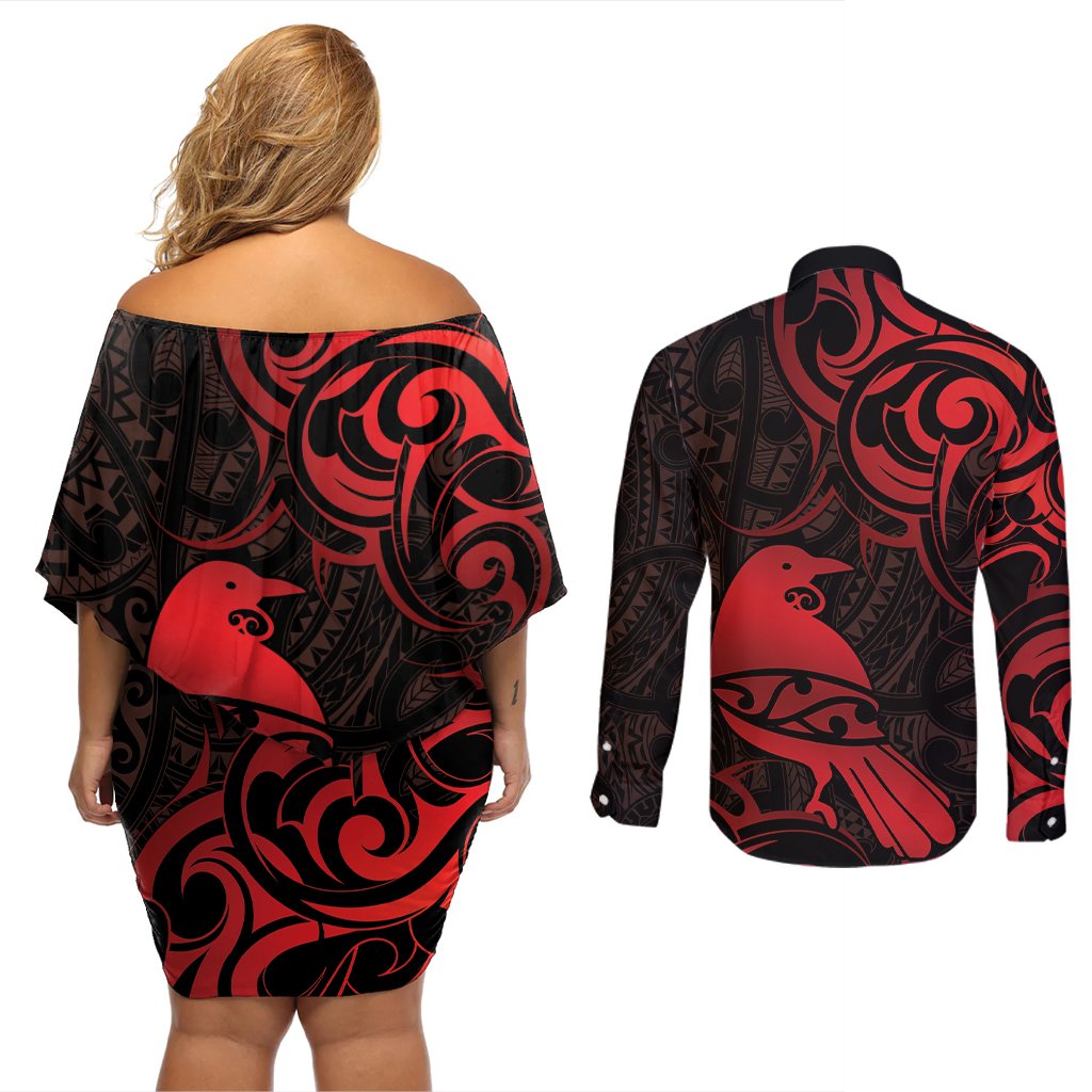 New Zealand Tui Bird Couples Matching Off Shoulder Short Dress and Long Sleeve Button Shirt Aotearoa Maori Pattern - Red LT14 - Polynesian Pride