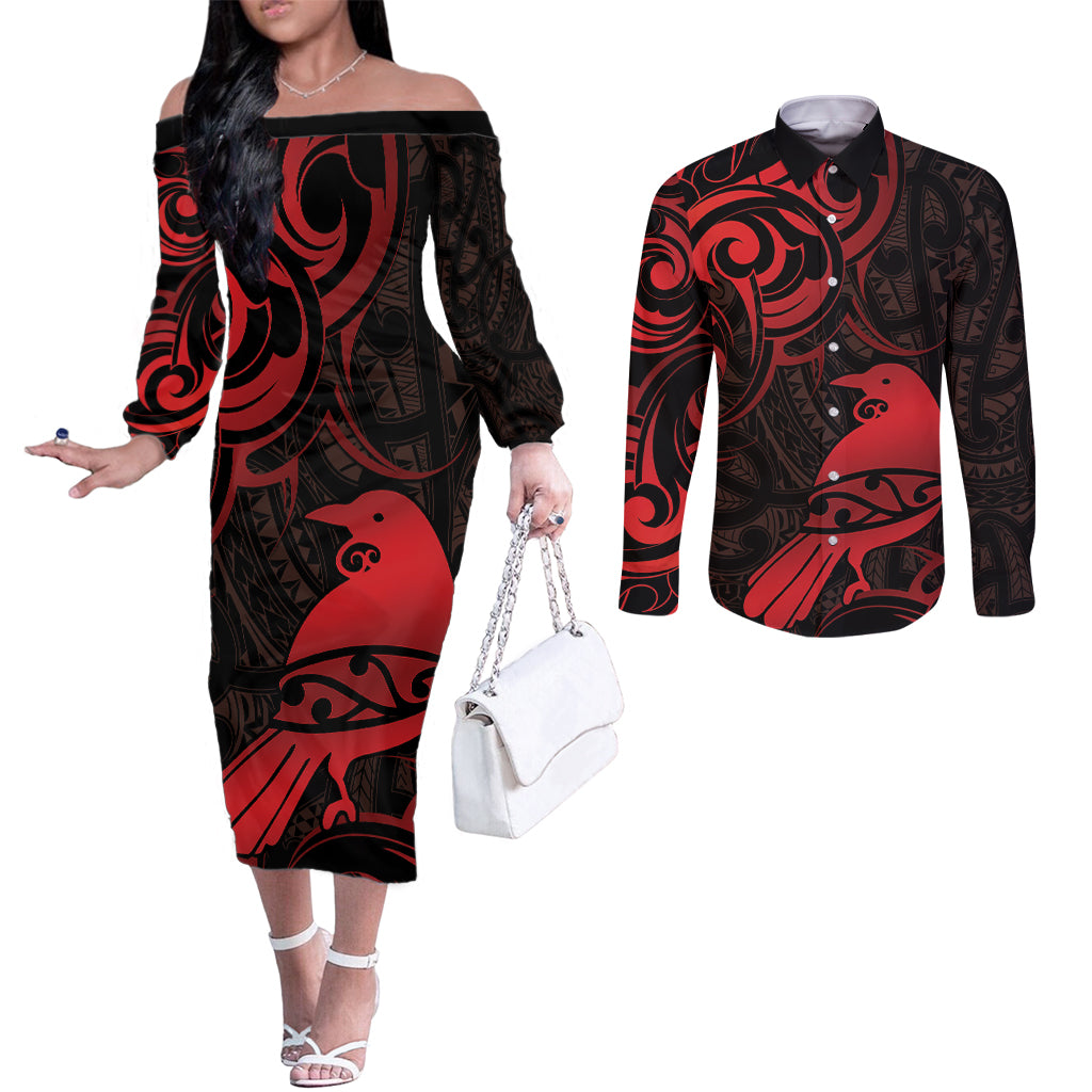 New Zealand Tui Bird Couples Matching Off The Shoulder Long Sleeve Dress and Long Sleeve Button Shirt Aotearoa Maori Pattern - Red LT14 Red - Polynesian Pride