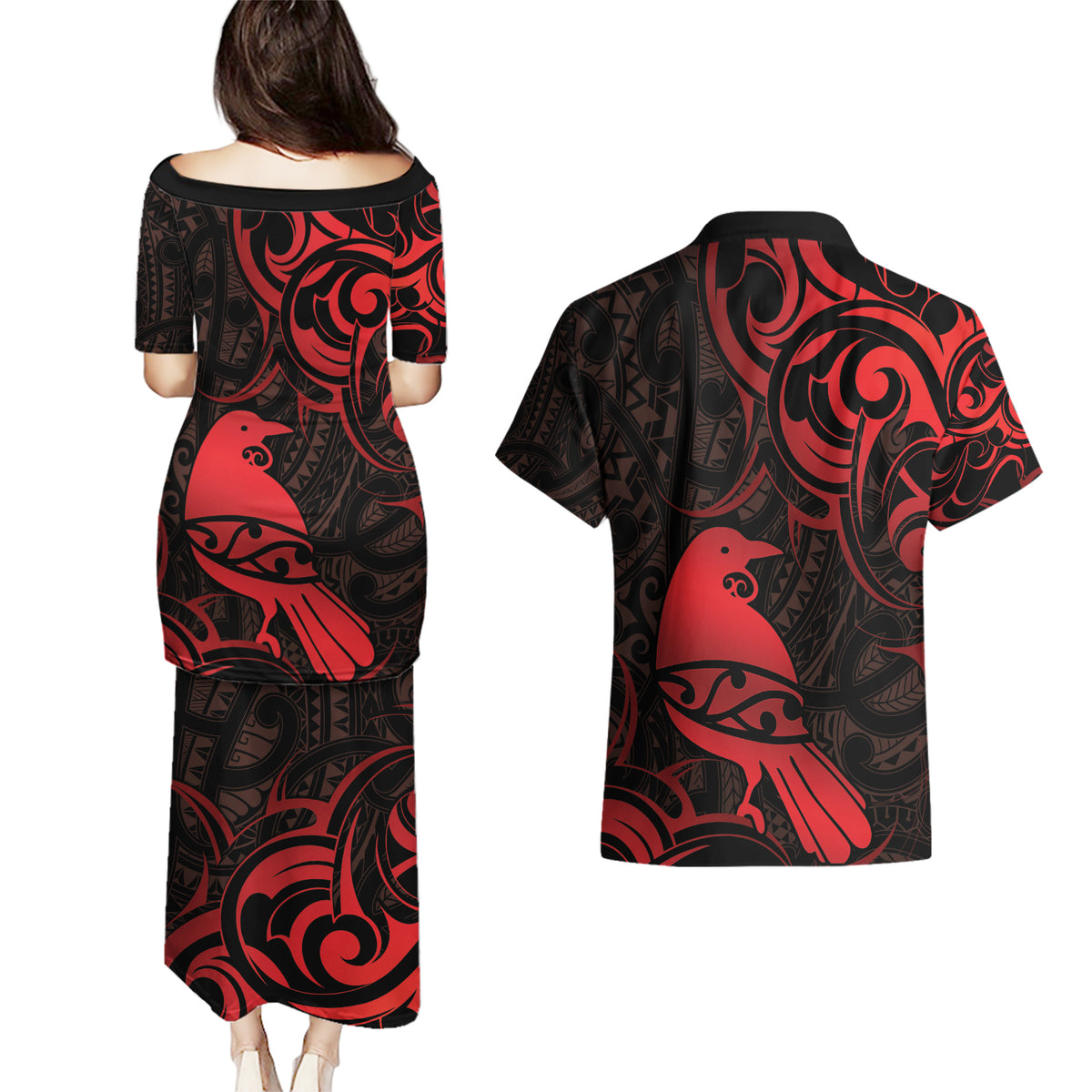 New Zealand Tui Bird Couples Matching Puletasi and Hawaiian Shirt Aotearoa Maori Pattern - Red LT14 - Polynesian Pride