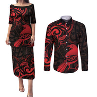 New Zealand Tui Bird Couples Matching Puletasi and Long Sleeve Button Shirt Aotearoa Maori Pattern - Red