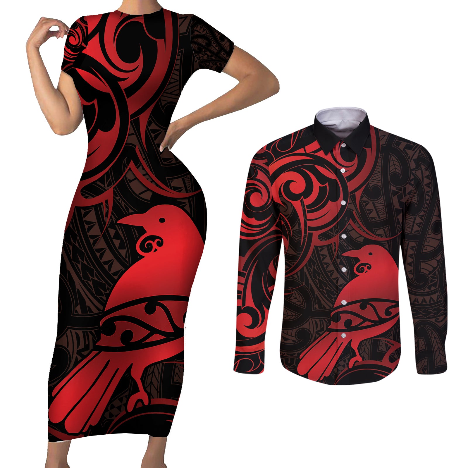 New Zealand Tui Bird Couples Matching Short Sleeve Bodycon Dress and Long Sleeve Button Shirt Aotearoa Maori Pattern - Red