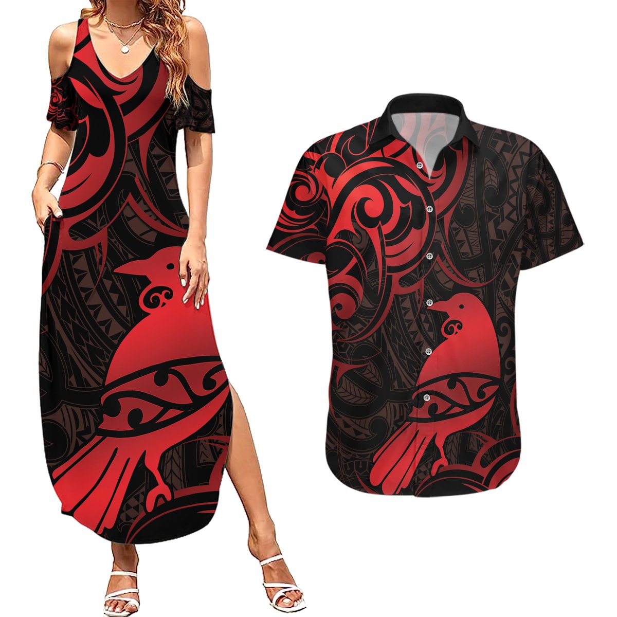 New Zealand Tui Bird Couples Matching Summer Maxi Dress and Hawaiian Shirt Aotearoa Maori Pattern - Red LT14 Red - Polynesian Pride