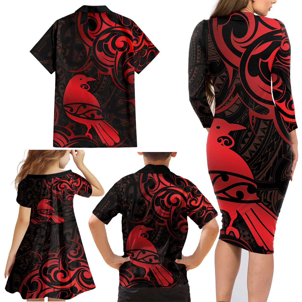 New Zealand Tui Bird Family Matching Long Sleeve Bodycon Dress and Hawaiian Shirt Aotearoa Maori Pattern - Red LT14 - Polynesian Pride