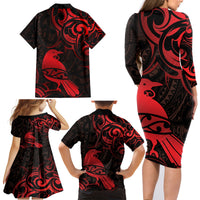 New Zealand Tui Bird Family Matching Long Sleeve Bodycon Dress and Hawaiian Shirt Aotearoa Maori Pattern - Red LT14 - Polynesian Pride