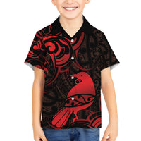 New Zealand Tui Bird Family Matching Long Sleeve Bodycon Dress and Hawaiian Shirt Aotearoa Maori Pattern - Red LT14 Son's Shirt Red - Polynesian Pride