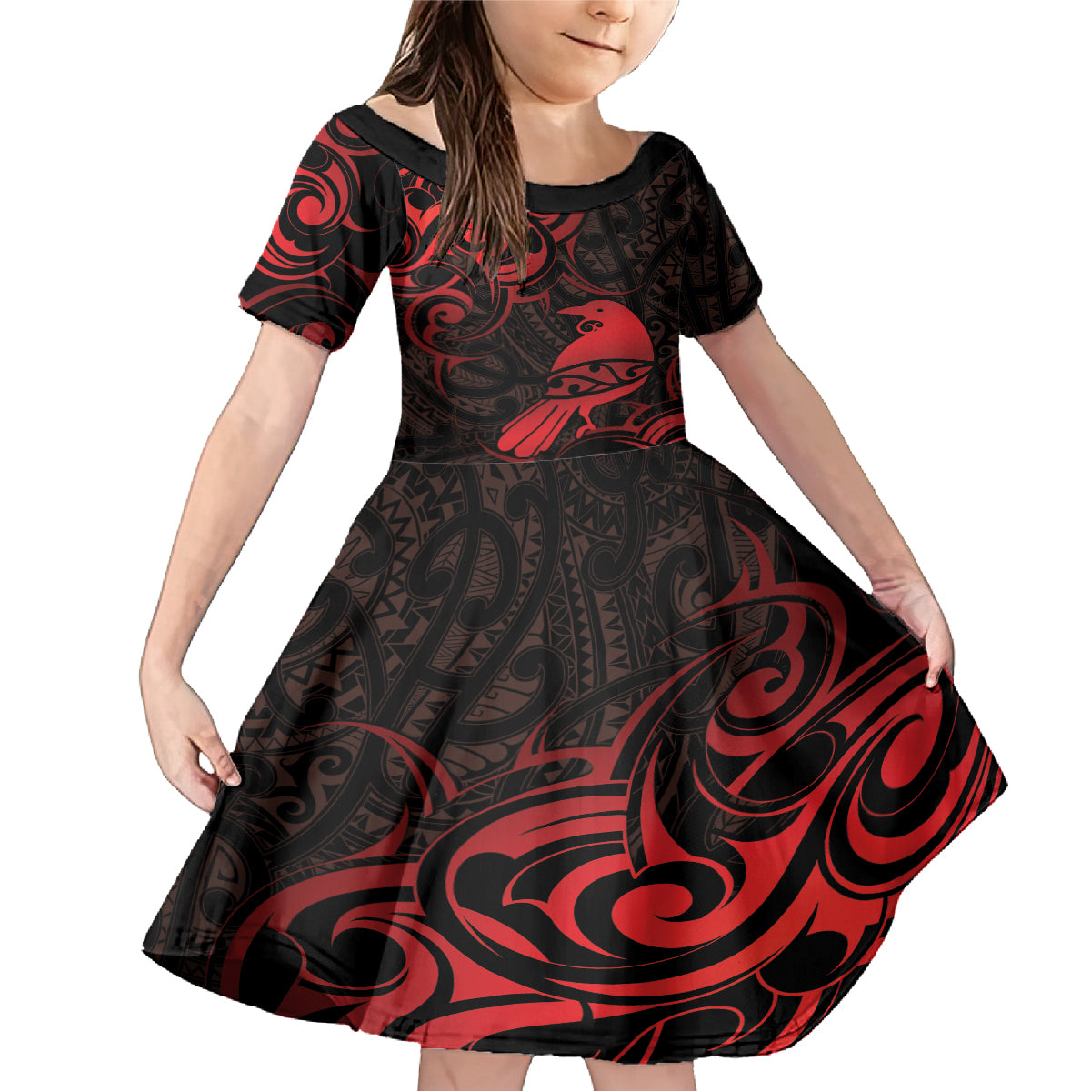 New Zealand Tui Bird Family Matching Mermaid Dress and Hawaiian Shirt Aotearoa Maori Pattern - Red LT14 Daughter's Dress Red - Polynesian Pride