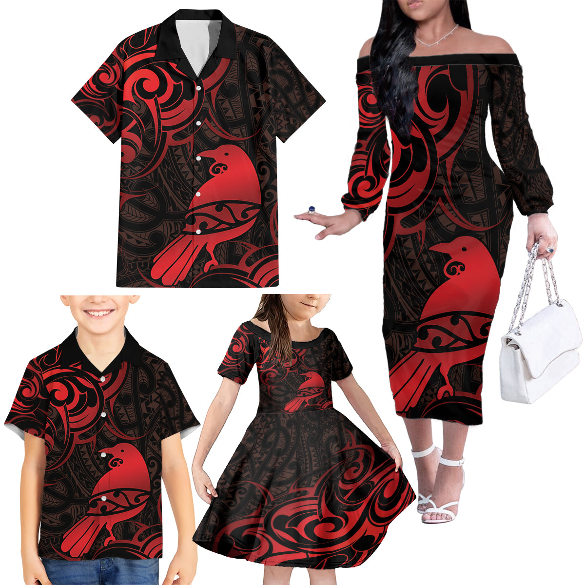 New Zealand Tui Bird Family Matching Off The Shoulder Long Sleeve Dress and Hawaiian Shirt Aotearoa Maori Pattern - Red LT14 - Polynesian Pride