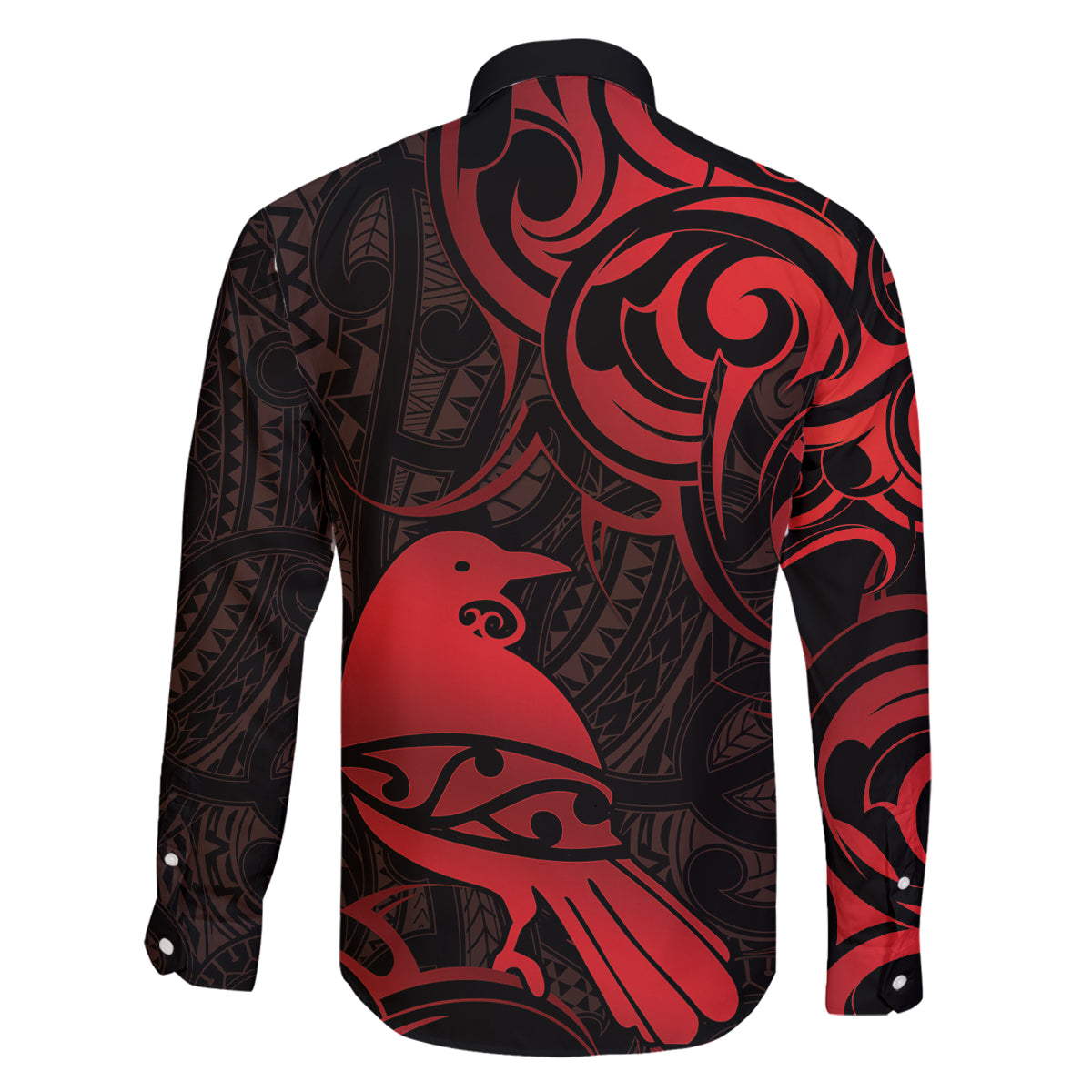 New Zealand Tui Bird Family Matching Off The Shoulder Long Sleeve Dress and Hawaiian Shirt Aotearoa Maori Pattern - Red LT14 - Polynesian Pride