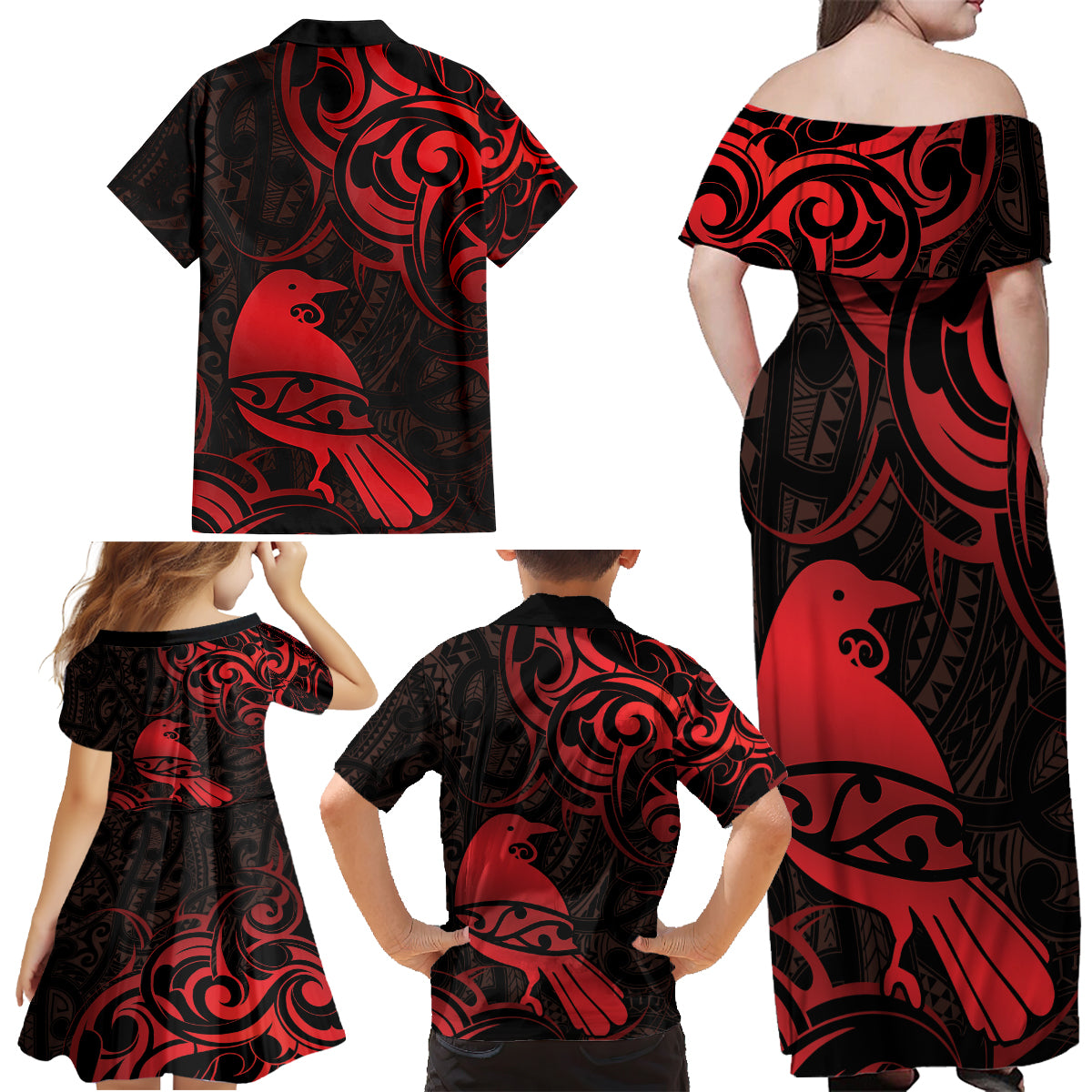 New Zealand Tui Bird Family Matching Off Shoulder Maxi Dress and Hawaiian Shirt Aotearoa Maori Pattern - Red LT14 - Polynesian Pride