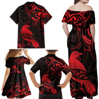 New Zealand Tui Bird Family Matching Off Shoulder Maxi Dress and Hawaiian Shirt Aotearoa Maori Pattern - Red LT14 - Polynesian Pride