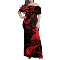 New Zealand Tui Bird Family Matching Off Shoulder Maxi Dress and Hawaiian Shirt Aotearoa Maori Pattern - Red LT14 Mom's Dress Red - Polynesian Pride