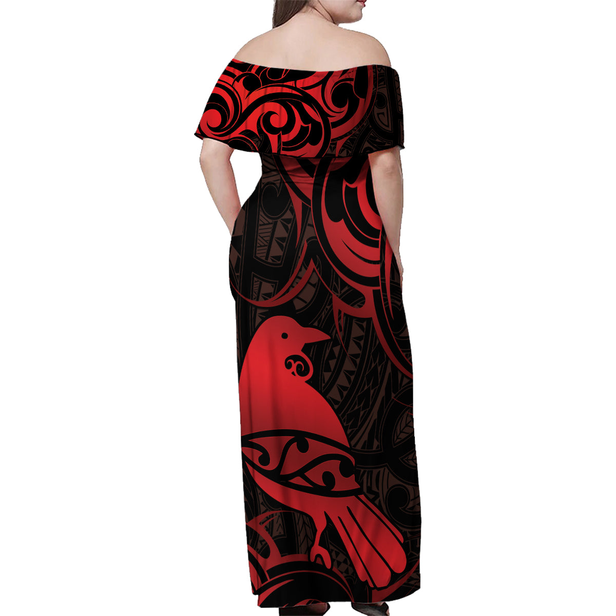 New Zealand Tui Bird Family Matching Off Shoulder Maxi Dress and Hawaiian Shirt Aotearoa Maori Pattern - Red LT14 - Polynesian Pride