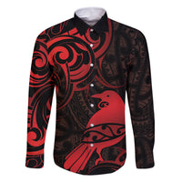 New Zealand Tui Bird Family Matching Off Shoulder Short Dress and Hawaiian Shirt Aotearoa Maori Pattern - Red LT14 Dad's Shirt - Long Sleeve Red - Polynesian Pride