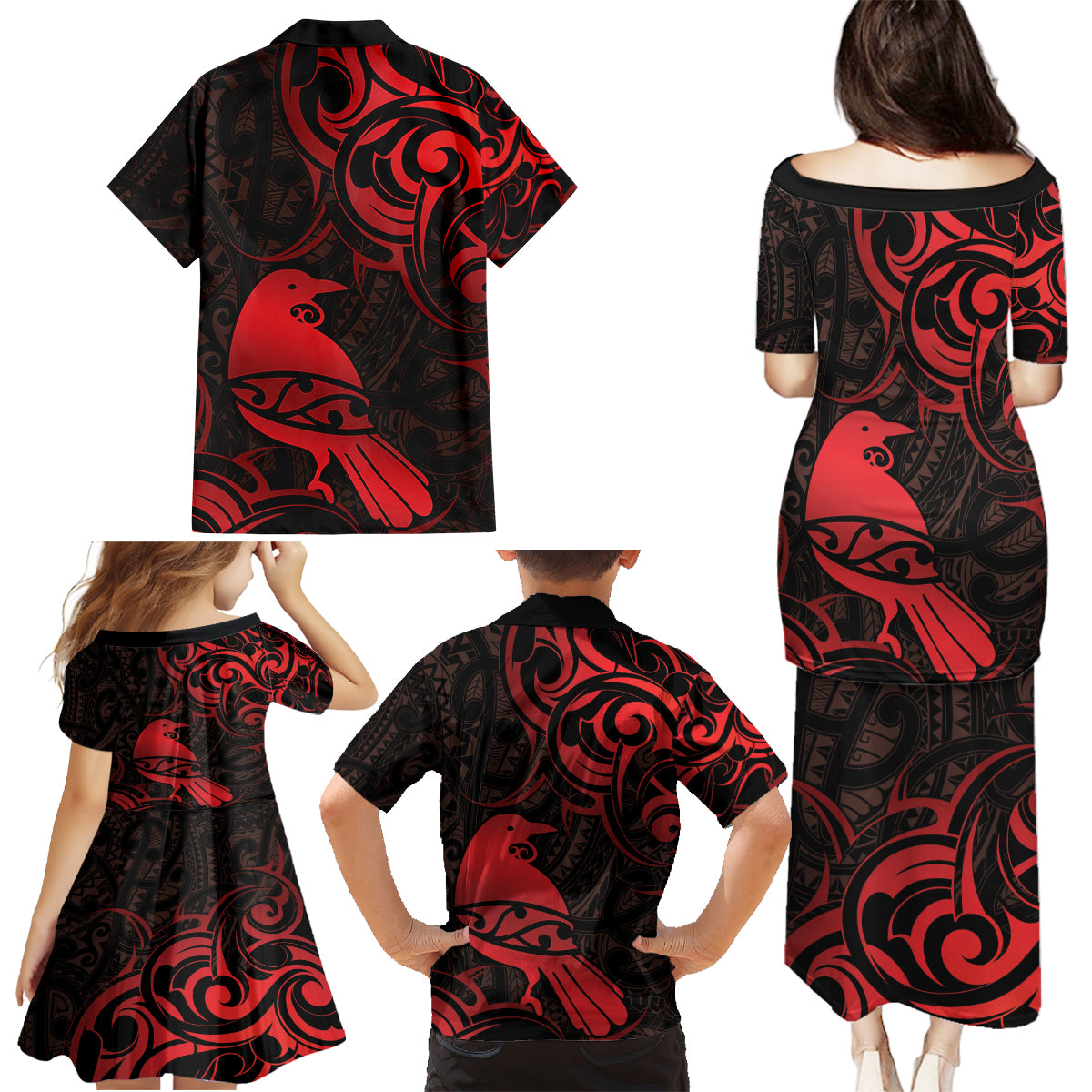 New Zealand Tui Bird Family Matching Puletasi and Hawaiian Shirt Aotearoa Maori Pattern - Red LT14 - Polynesian Pride