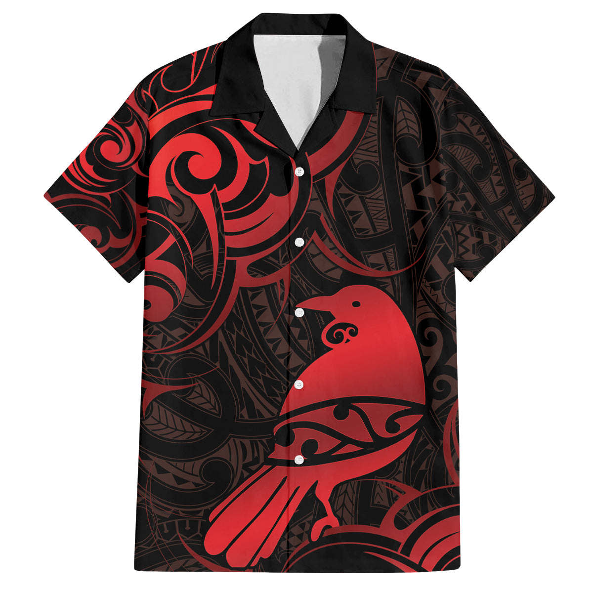 New Zealand Tui Bird Family Matching Puletasi and Hawaiian Shirt Aotearoa Maori Pattern - Red LT14 Dad's Shirt - Short Sleeve Red - Polynesian Pride