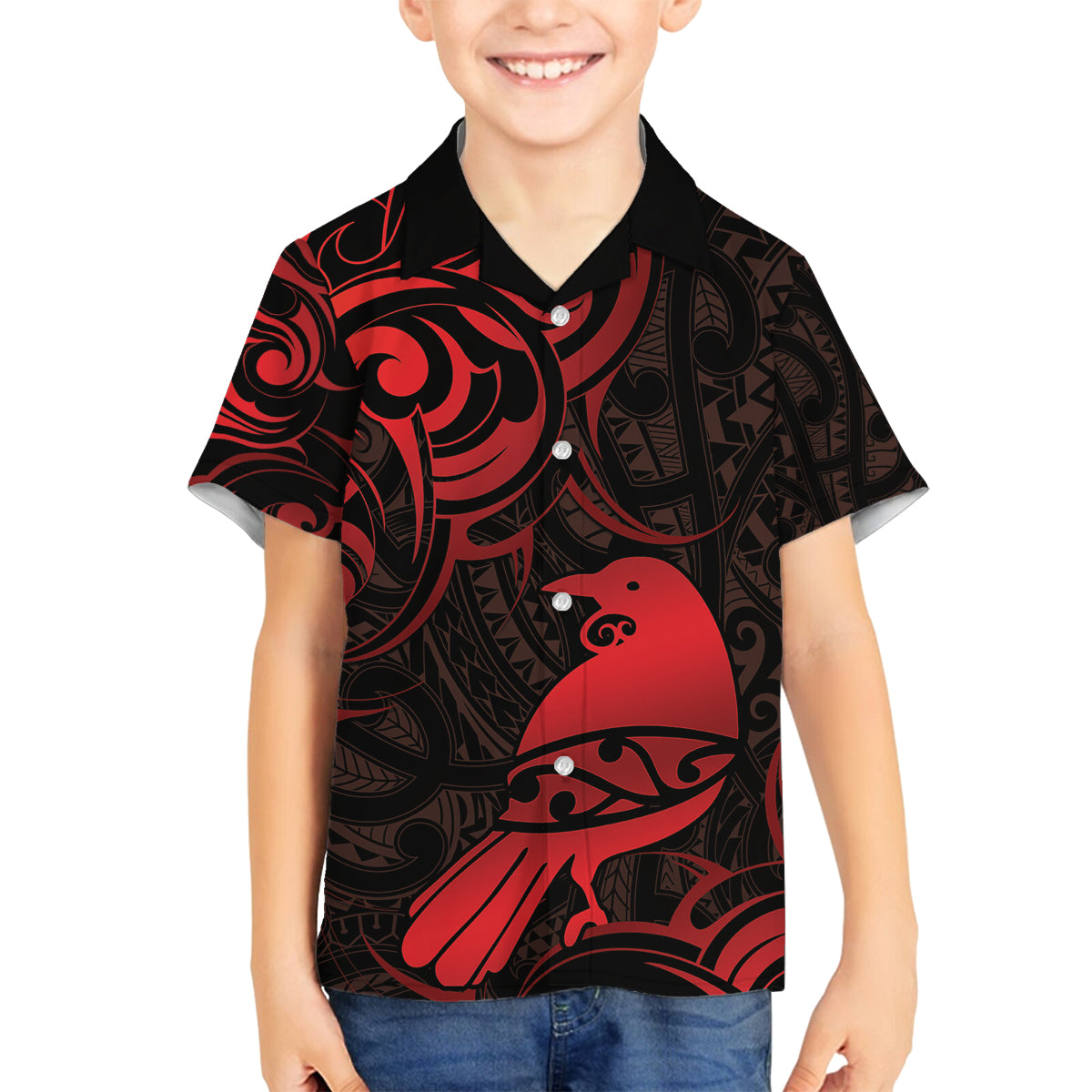 New Zealand Tui Bird Family Matching Puletasi and Hawaiian Shirt Aotearoa Maori Pattern - Red LT14 Son's Shirt Red - Polynesian Pride