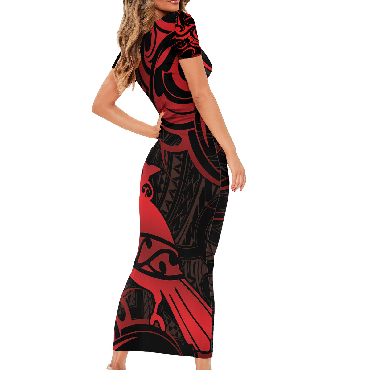 New Zealand Tui Bird Family Matching Short Sleeve Bodycon Dress and Hawaiian Shirt Aotearoa Maori Pattern - Red LT14 - Polynesian Pride