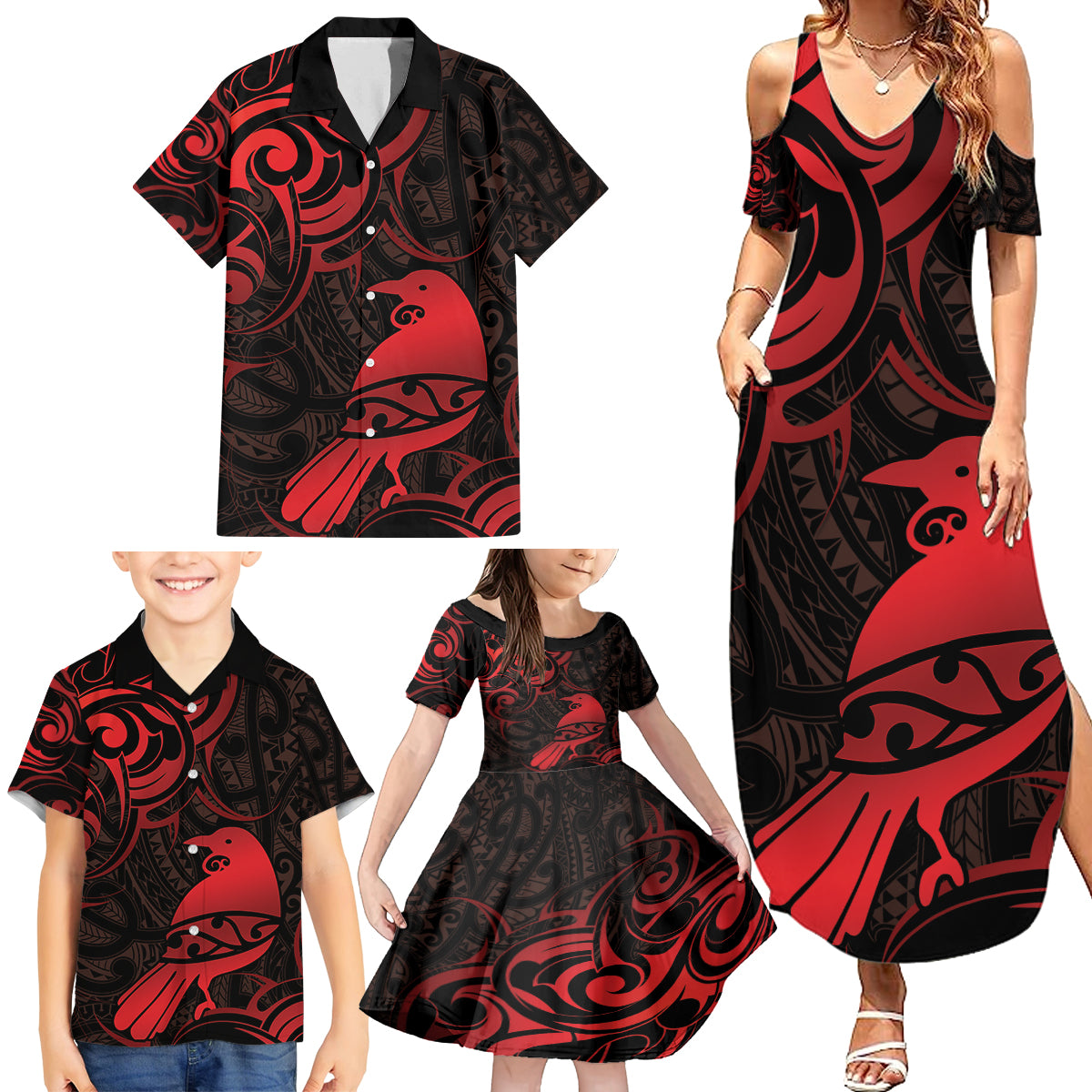 New Zealand Tui Bird Family Matching Summer Maxi Dress and Hawaiian Shirt Aotearoa Maori Pattern - Red LT14 - Polynesian Pride