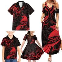 New Zealand Tui Bird Family Matching Summer Maxi Dress and Hawaiian Shirt Aotearoa Maori Pattern - Red LT14 - Polynesian Pride