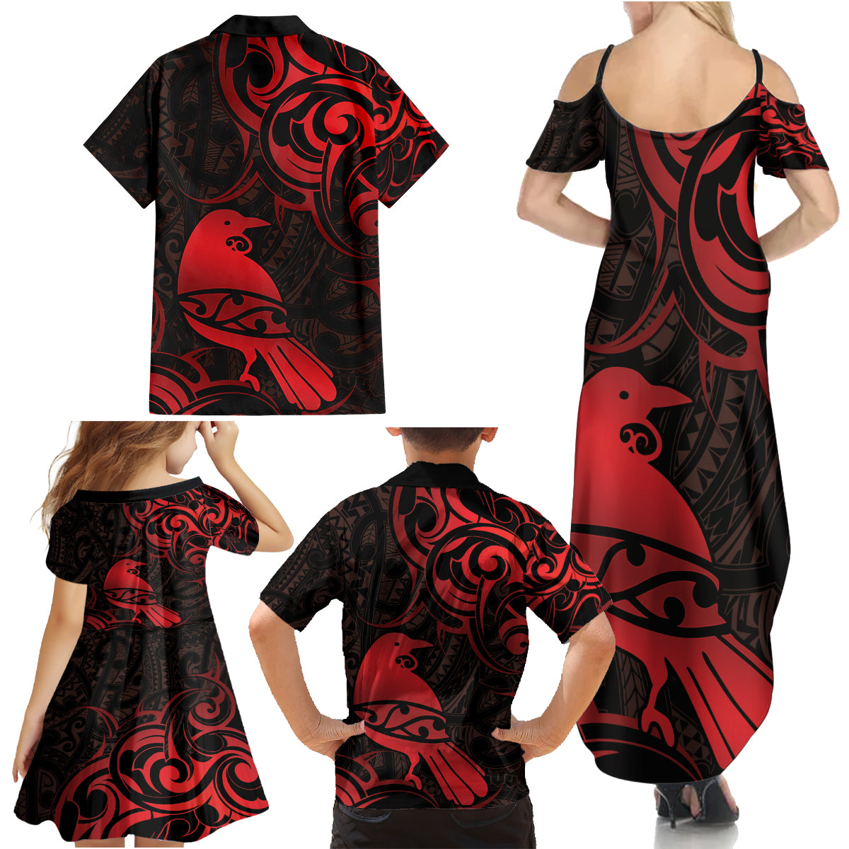 New Zealand Tui Bird Family Matching Summer Maxi Dress and Hawaiian Shirt Aotearoa Maori Pattern - Red LT14 - Polynesian Pride