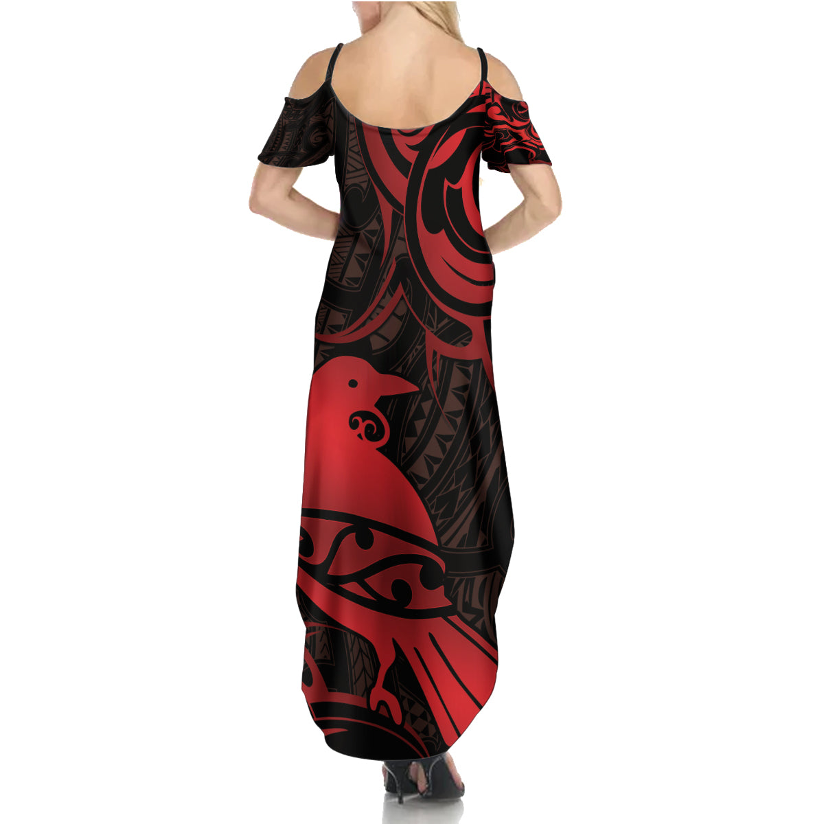 New Zealand Tui Bird Family Matching Summer Maxi Dress and Hawaiian Shirt Aotearoa Maori Pattern - Red LT14 - Polynesian Pride