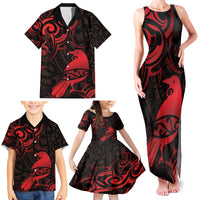 New Zealand Tui Bird Family Matching Tank Maxi Dress and Hawaiian Shirt Aotearoa Maori Pattern - Red LT14 - Polynesian Pride