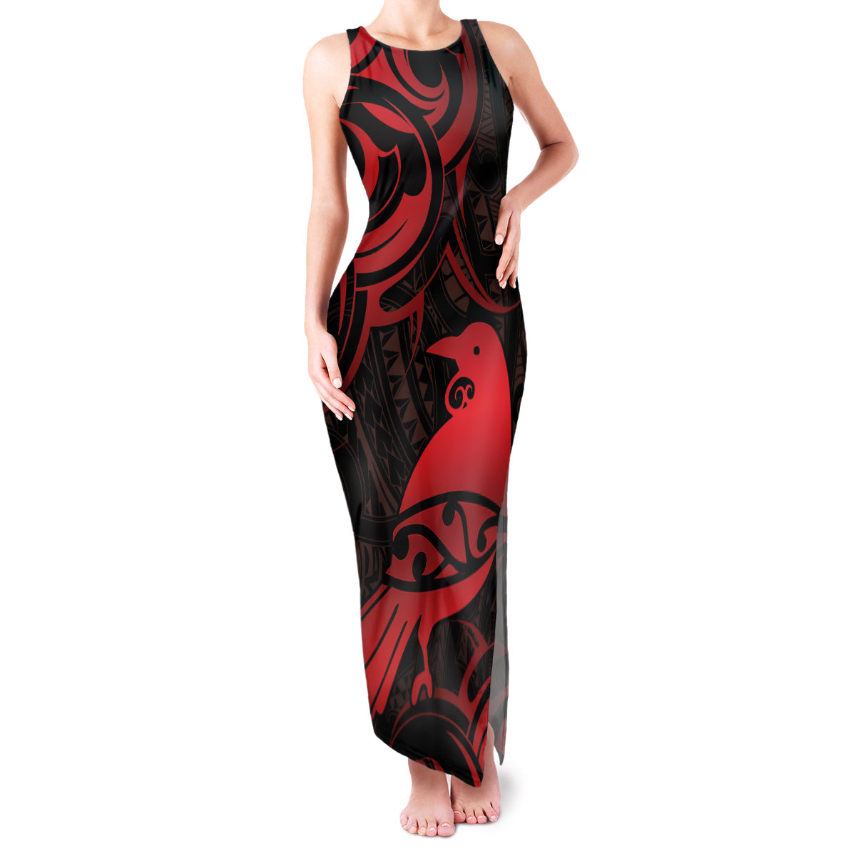 New Zealand Tui Bird Family Matching Tank Maxi Dress and Hawaiian Shirt Aotearoa Maori Pattern - Red LT14 Mom's Dress Red - Polynesian Pride