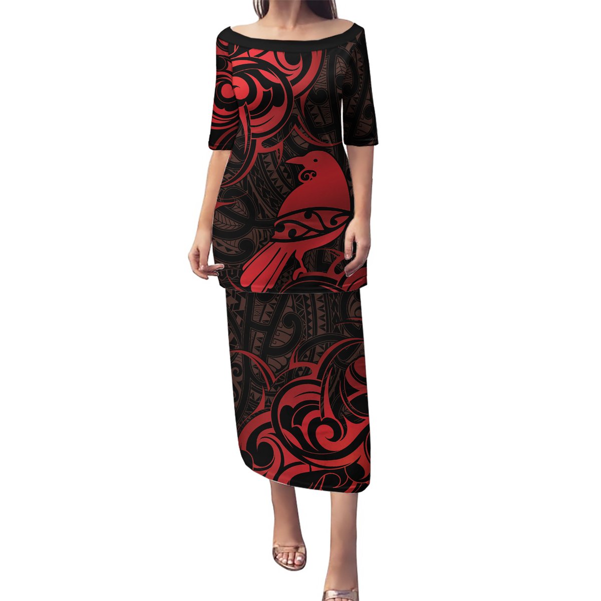 New Zealand Tui Bird Puletasi Aotearoa Maori Pattern - Red LT14 Long Dress Red - Polynesian Pride