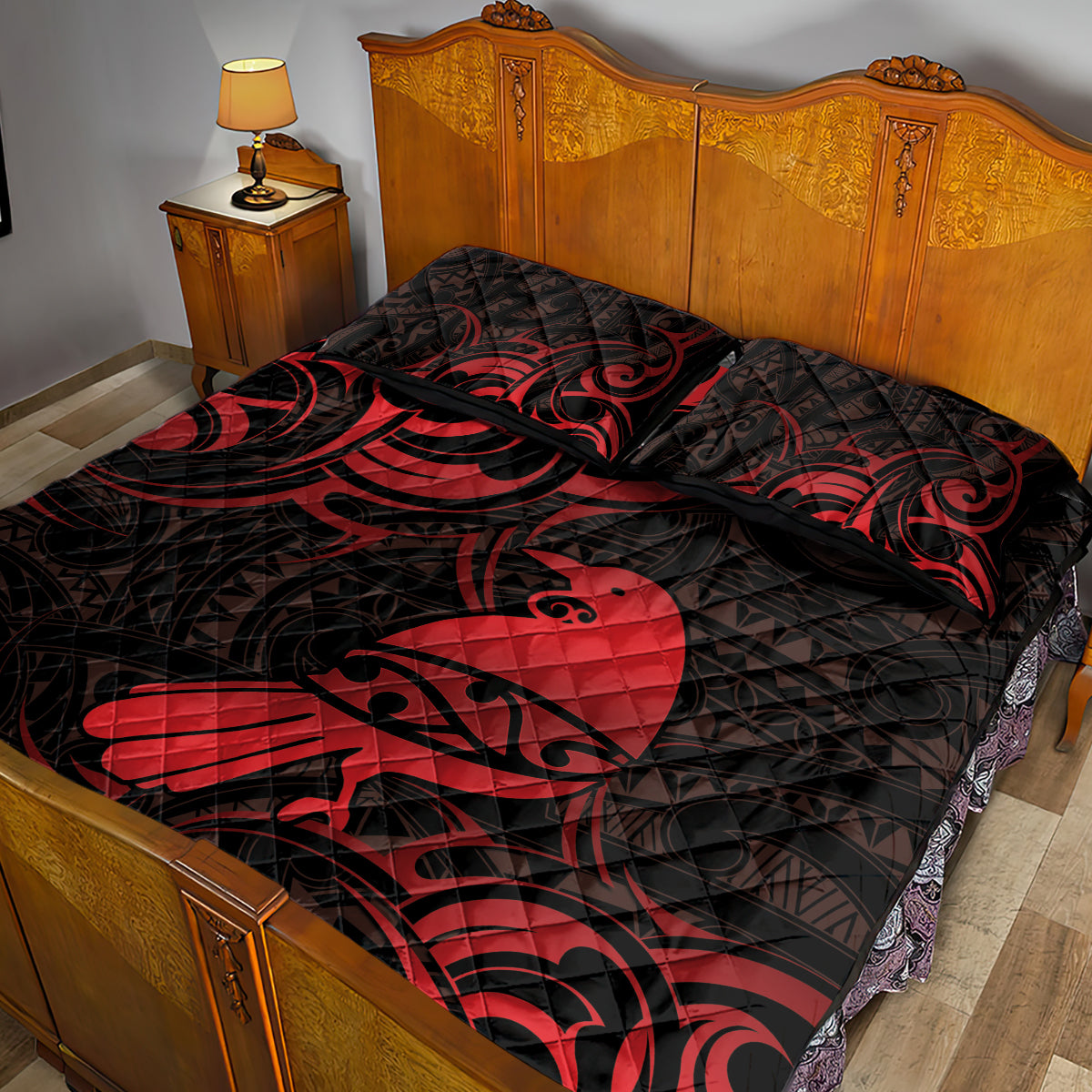 New Zealand Tui Bird Quilt Bed Set Aotearoa Maori Pattern - Red