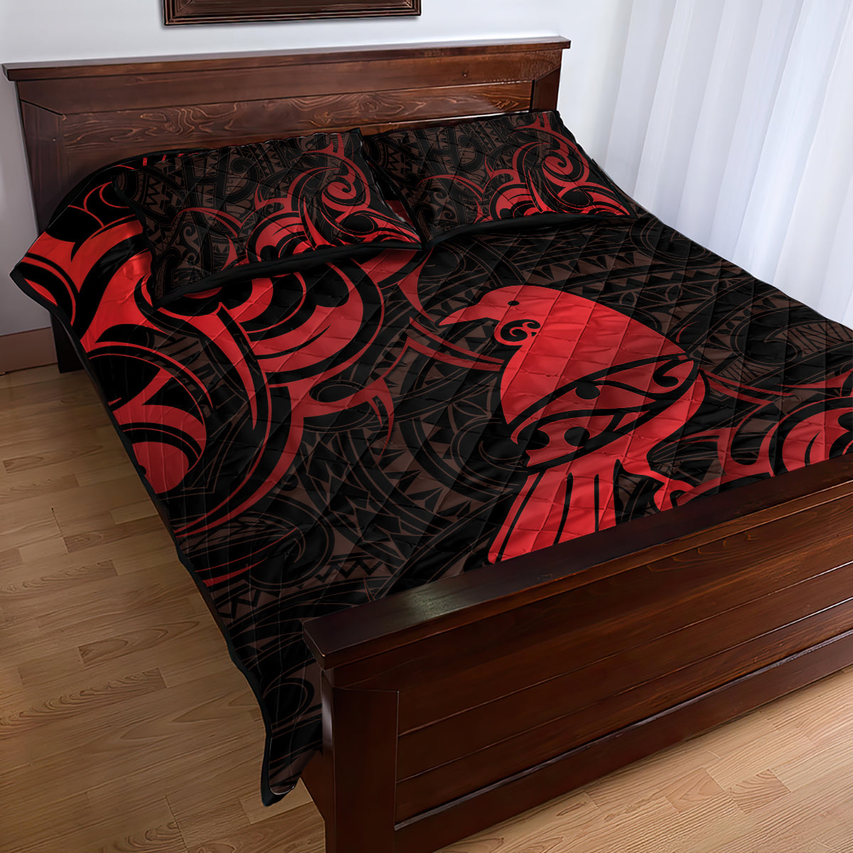 New Zealand Tui Bird Quilt Bed Set Aotearoa Maori Pattern - Red