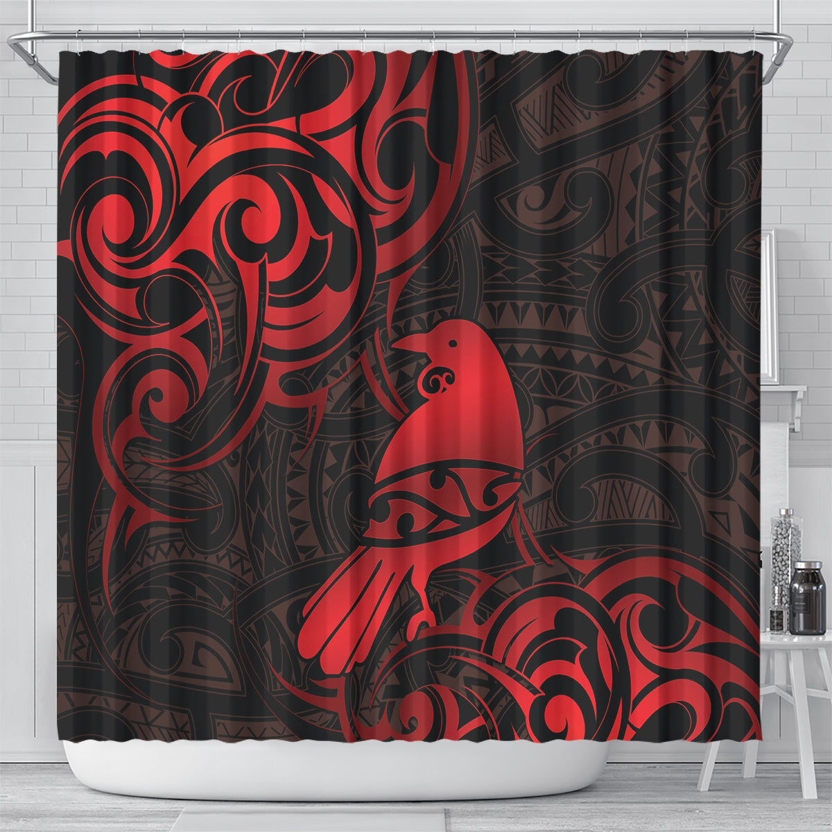 New Zealand Tui Bird Shower Curtain Aotearoa Maori Pattern - Red LT14 - Polynesian Pride