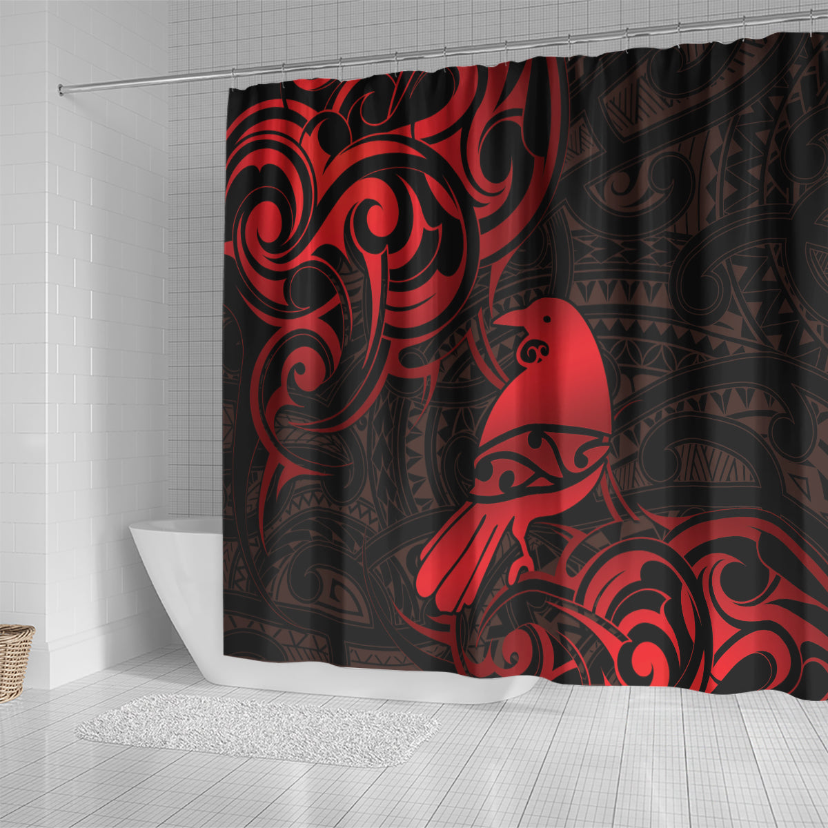 New Zealand Tui Bird Shower Curtain Aotearoa Maori Pattern - Red LT14 - Polynesian Pride
